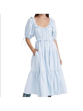 En Saison Light Blue Tiered Puff-Sleeve Midi Dress